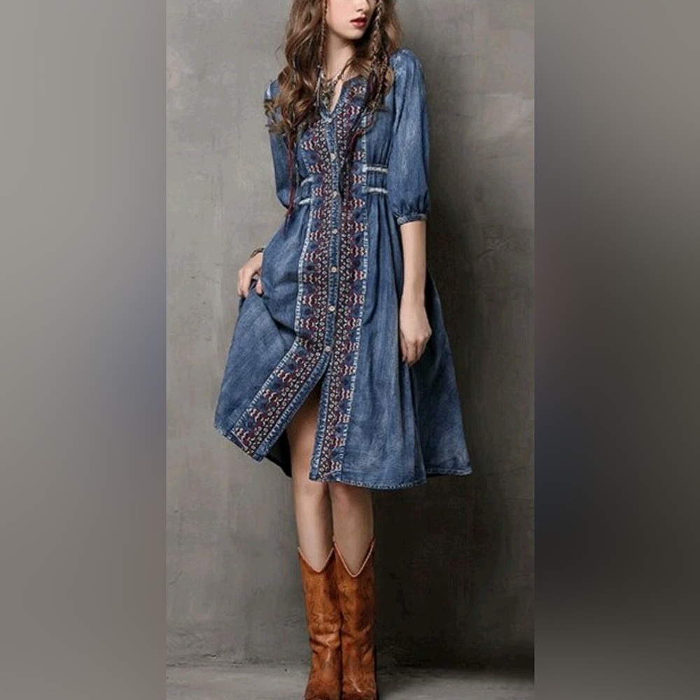 Keer Qiaowa Embroidered Chambray Denim Midi Dress Size Small Boho